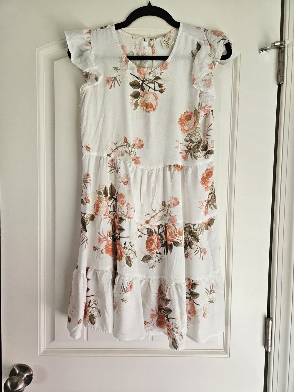 Floral Ruffle Sleeve Mini Dress - White with Pink Roses